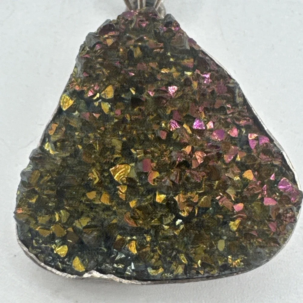 Sterling Silver Oil Slick Druzy Quartz Triangle Statement Necklace Pendant 14.6g